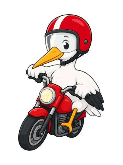 DutchTheory mascot riding a motorcycle